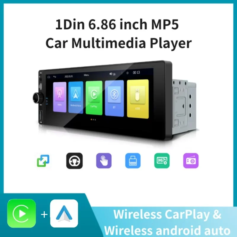 

Ezonetronics Универсальный MP5-плеер с экраном 6,86 дюйма, автомобильный мультимедийный плеер типа 1 Din с CarPlay Android Auto