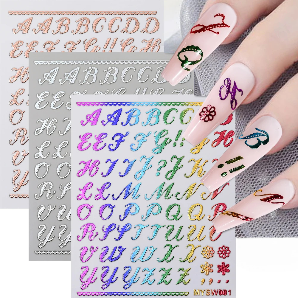 Autocollants adhésifs pour les ongles, petit alphabet romain, lettres dorées, argentées et noires, décalcomanies anglaises GROSliders, décorations de manucure, 1 pièce