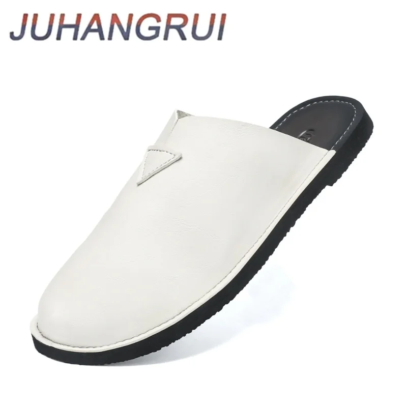 

Summer Men Slippers Slip-on Flats Leather Light Soft Casual Half Drag Comfy Male Slippers Outdoor Beach Shoes Comfy Muller Shoes