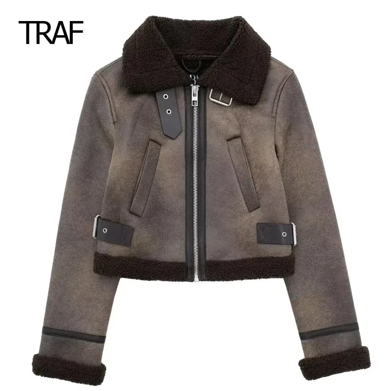 TRAF Faux Leather Cropped Jacket Women\'s Coat Autumn Winter Plush Neck Long Sleeve Top New In Outerwears Chic And Elegant Jacket