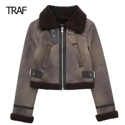 TRAF Faux Leather Cropped Jacket Women's Coat Autumn Winter Plush Neck Long Sleeve Top New In Outerwears Chic And Elegant Jacket