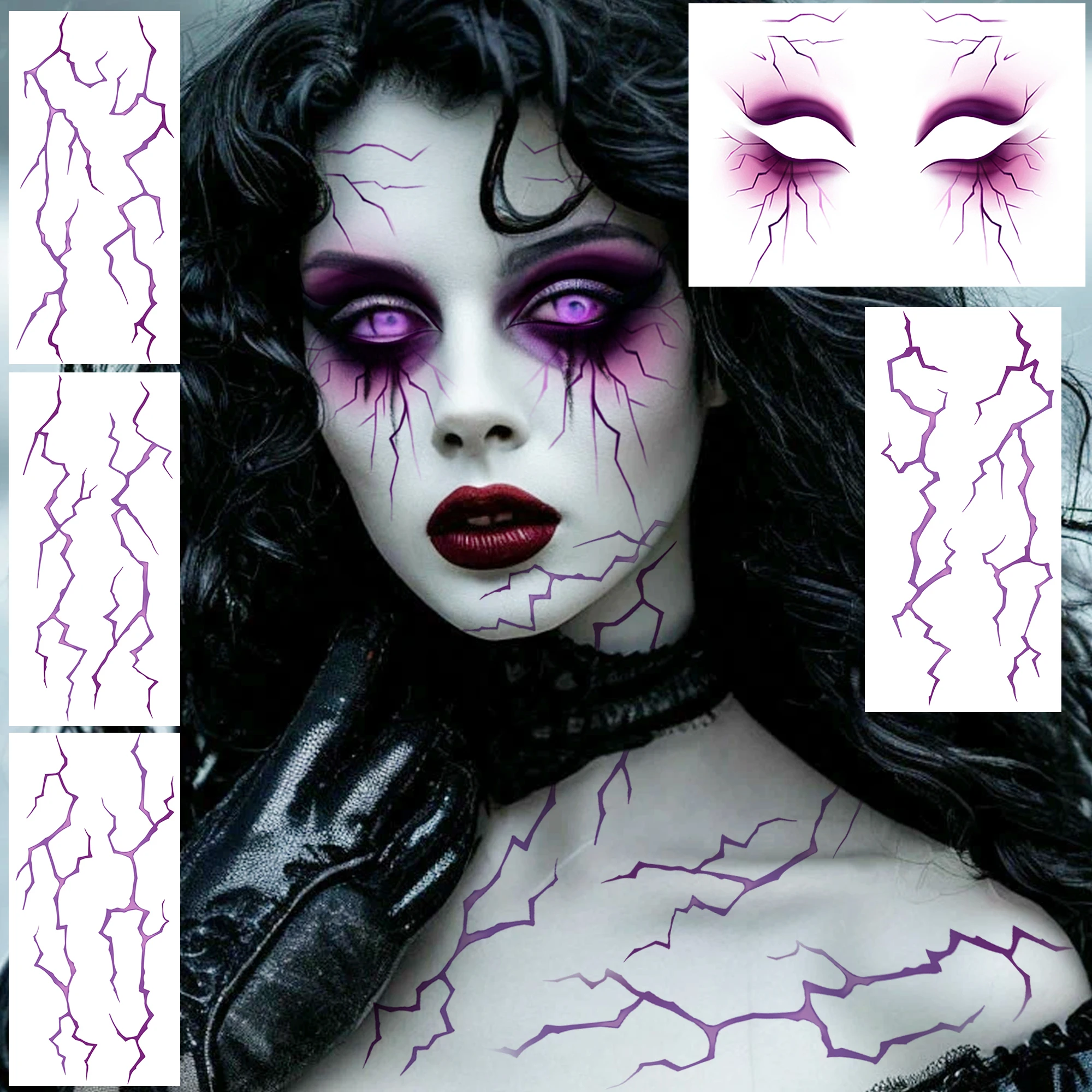 5 Sheets Purple Distinctive 3D Thunderbolt Lightning Bolt Temporary Tatoos For Halloween，Waterproof Durable Realistic Fake Tatoo