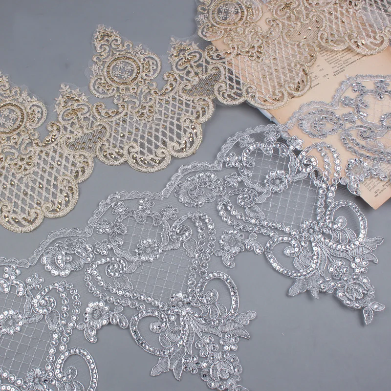 20Yards Shining Silver Golden Sequins Lace Trim Fabric For Wedding Bridal Lace Dress