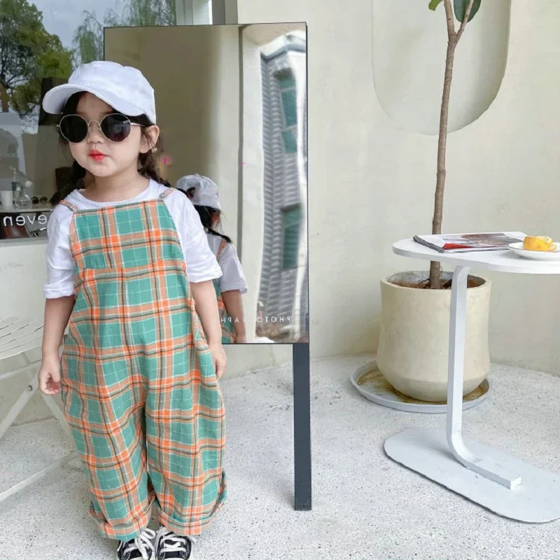 Baby Plaid Suspenders Jumpsuit  For Girls Pockets Trousers Spring Summer New Bodysuit Casual Rompers Fashion Children\'S Clothing