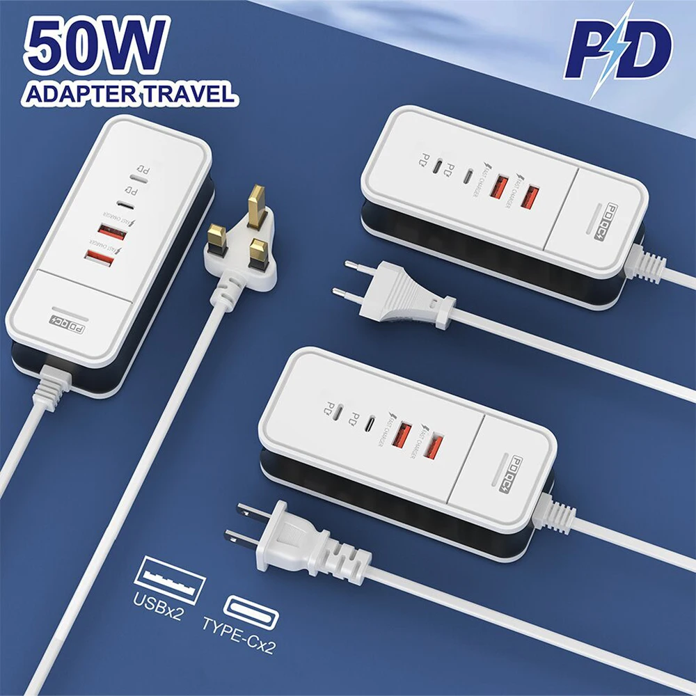 50W Fast Charging 2PD 2USB Usb Type C Plug Power Strip Charger Station Splitter Multi-Port Charging Head Socket 3A Seat Charger