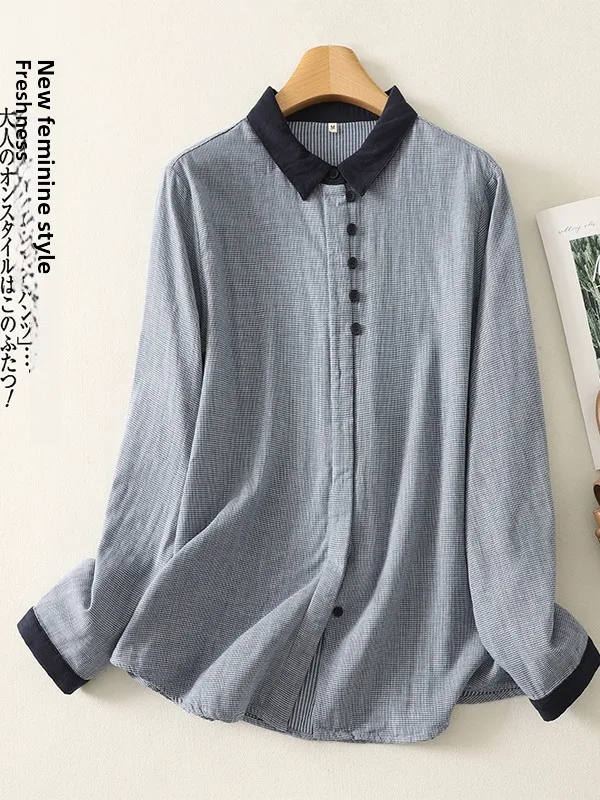 

Casual Sle Long Sve Cotton irt Women's Loose Fit Collar Double Layer Bird Pattern Base Layer Top for Spring Autumn