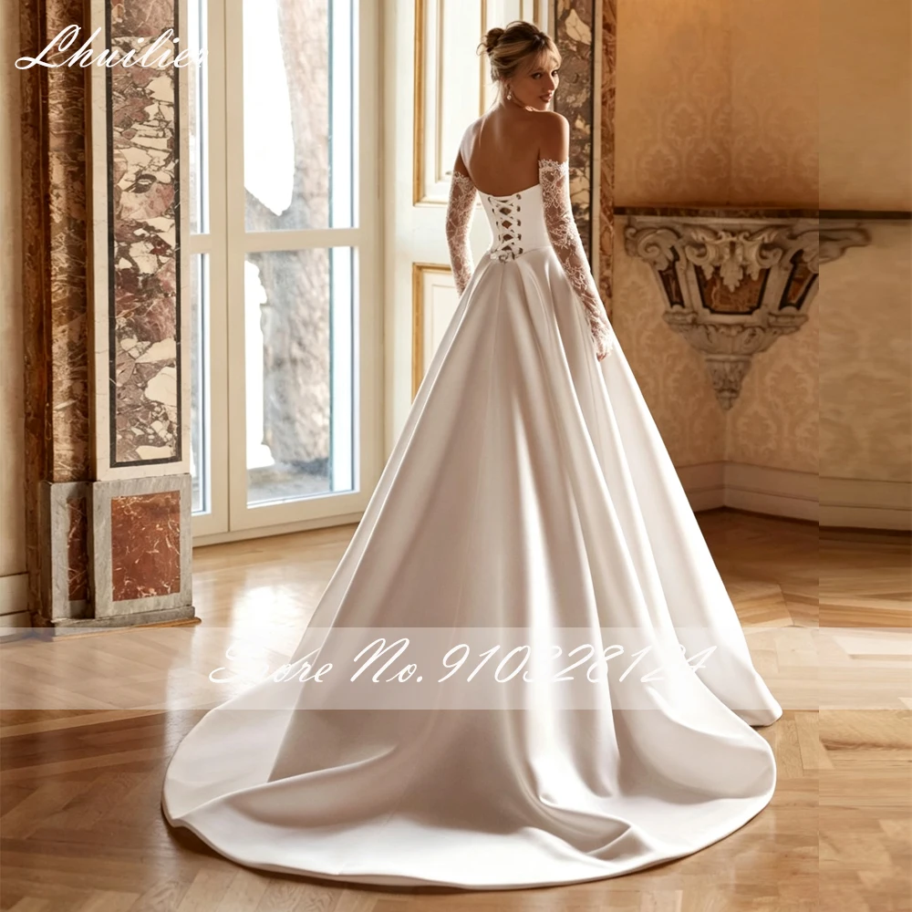 Lhuilier Customized A Line Strapless Satin Wedding Dresses Beaded Lace Bridal Gown with High Slit