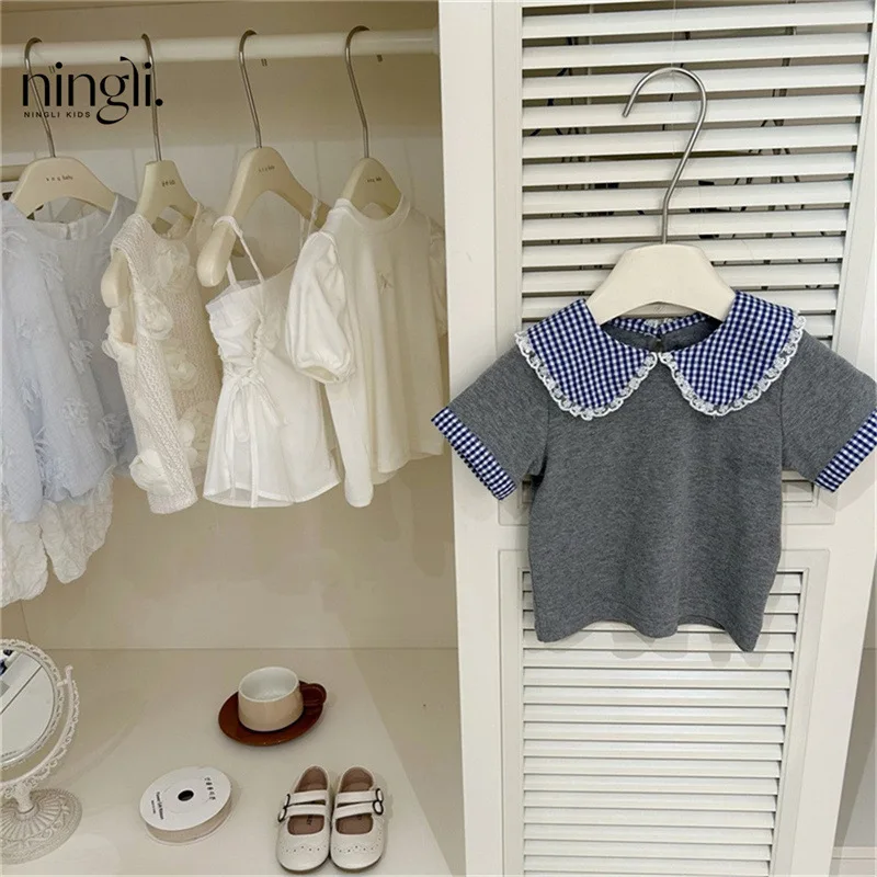

Girls Fashion Outfit Set Summer New Children's Baby Plaid Doll CollarTT-shirt and Shorts Two-Piece Set