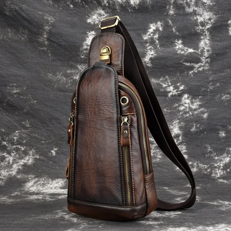 Genuine Leather Sling Rucksack Backpack Travel Knapsack Natural Skin High Quality Retro Men Shoulder Cross body Chest Bags