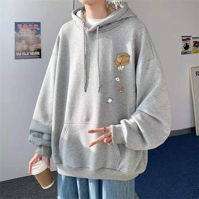 Cartoon Cute Cat Print Hoodies For Men Hip Hop Fashion Loose Hooded Sweatshirts Blue Y2K Streetwear Casual Pullover Hoodie