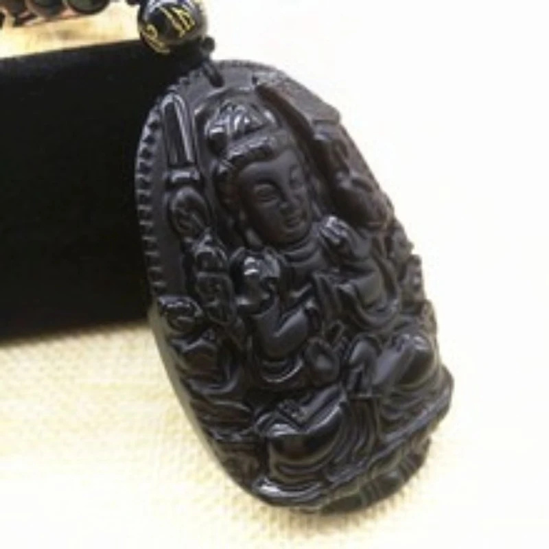 Obsidian Thousand-Armed Avalokiteshvara Pendant, Guardian Deity Necklace Year of Rat