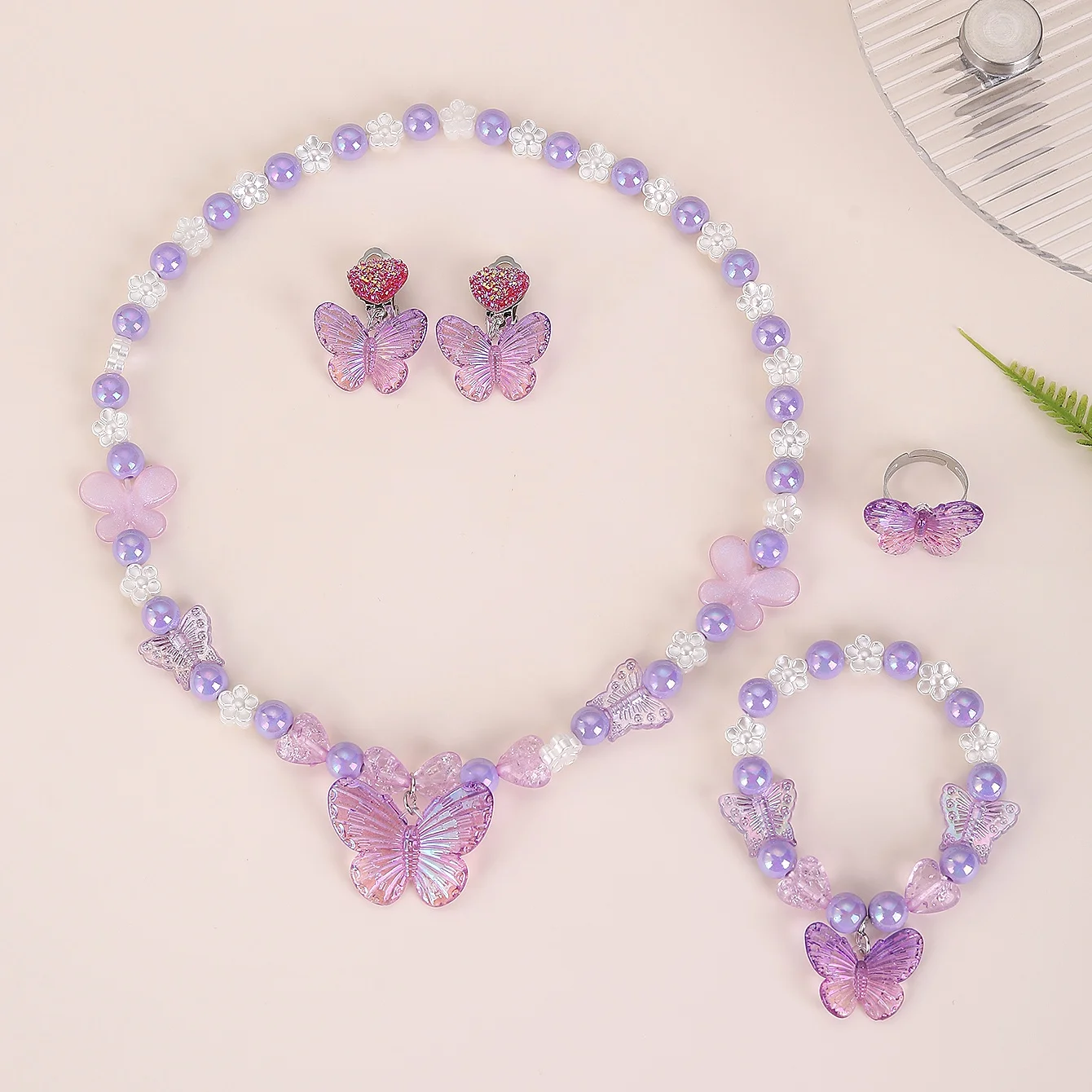 الأطفال فتاة الأميرة سوار اللؤلؤ والمجوهرات الكرتون فراشة سوار قلادة حلقة أقراط البدلة