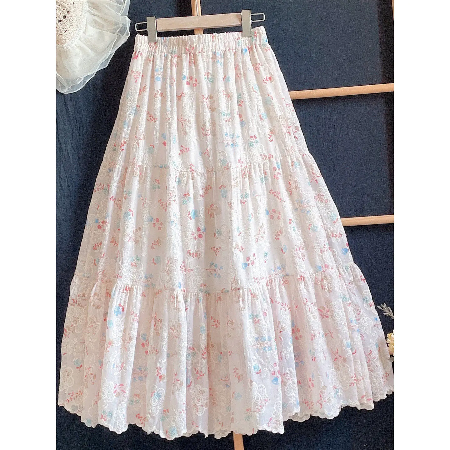 

Harajuku Mori Girl Cottagecore Pink Floral Lace Tiered Cake Skirt Elastic High Waist A-line Flowy Boho Sweet Cute Maxi Skirts