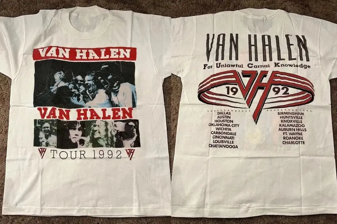 Rock Vintage Tops Van Halen Tour 1992 para fanáticos Camiseta blanca de algodón pesado Casual suelta cuello redondo Camiseta de algodón estampada Unisex