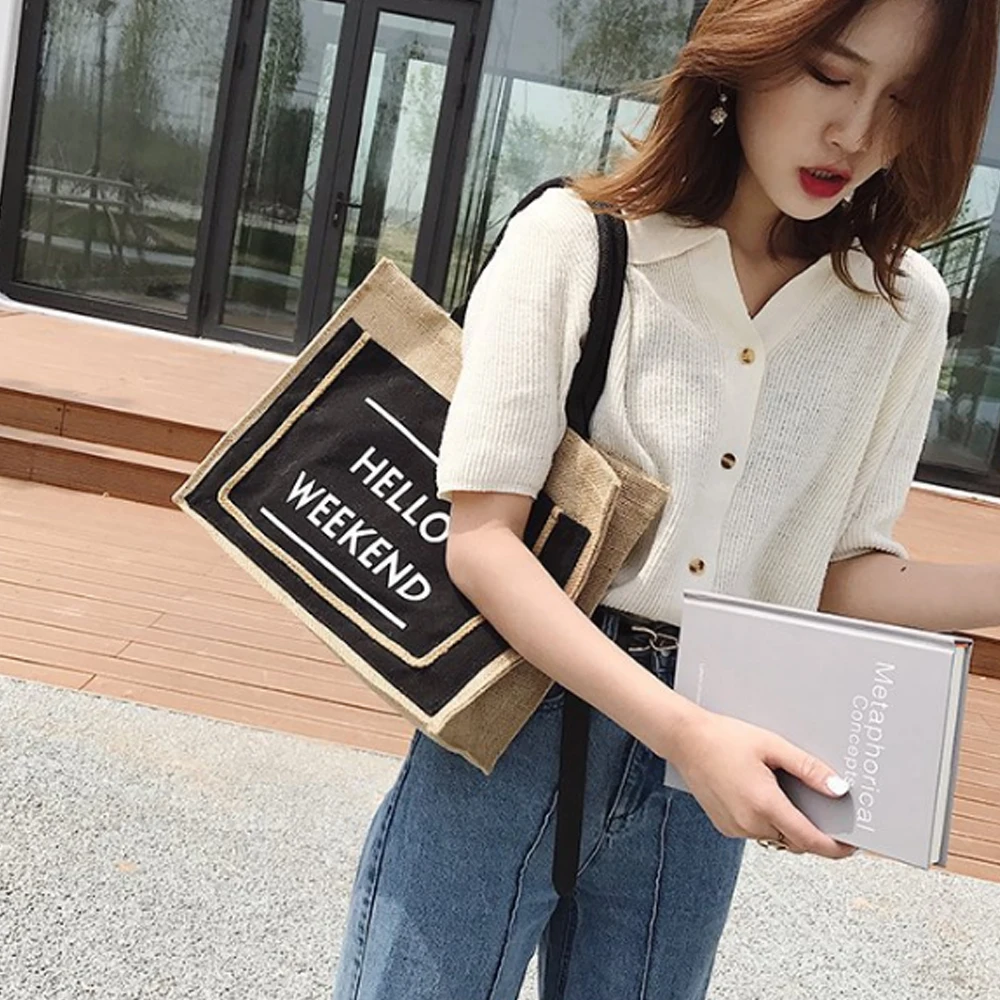 Pattern Linen Handbags Women Felt Shoulder Bag Simple Solid Color Messenger Handbag Large Capacity Travel Casual Crossbody Bags