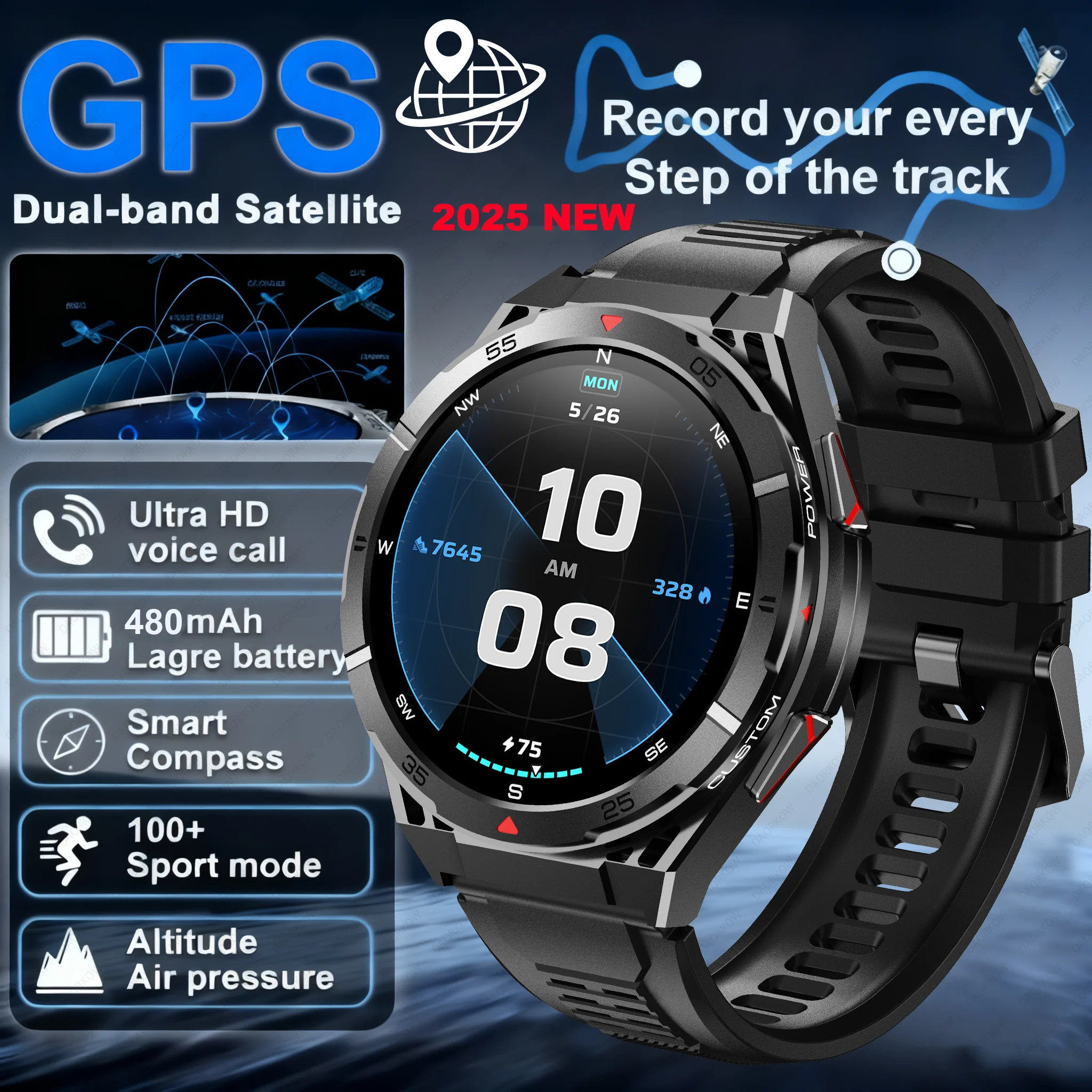 

For T-Rex 3 GPS Professional Outdoor Exercise Smartwatch 1.45"Ultra HD uilt-in GPS Compass BT Call 480mAh Health Test Watch 2025