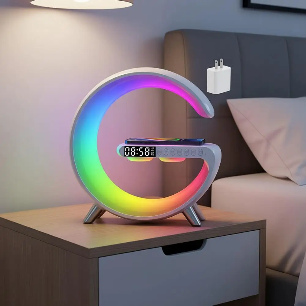 

Светодиодная настольная лампа с Bluetooth-колонкой, беспроводной зарядной станцией, будильником, ночником, декор для спальни, подарки