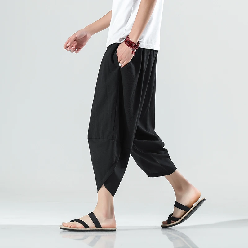 2023 Summer Harajuku Calf Length Casual Men\'s Pants Wide Leg Cotton Linen Harem Baggy Pants Fashion Men\'s Clothing