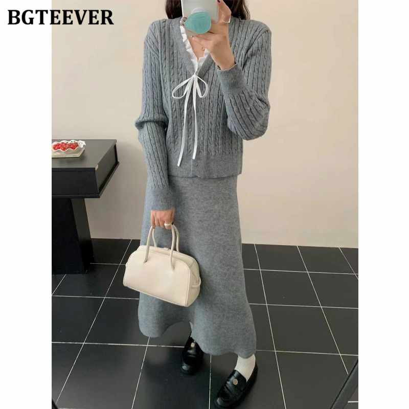 BGTEEVER Elegante dames gebreide 2-delige rokset V-hals Single-breasted strikvesten Truien en A-lijn rokken Damesoutfits