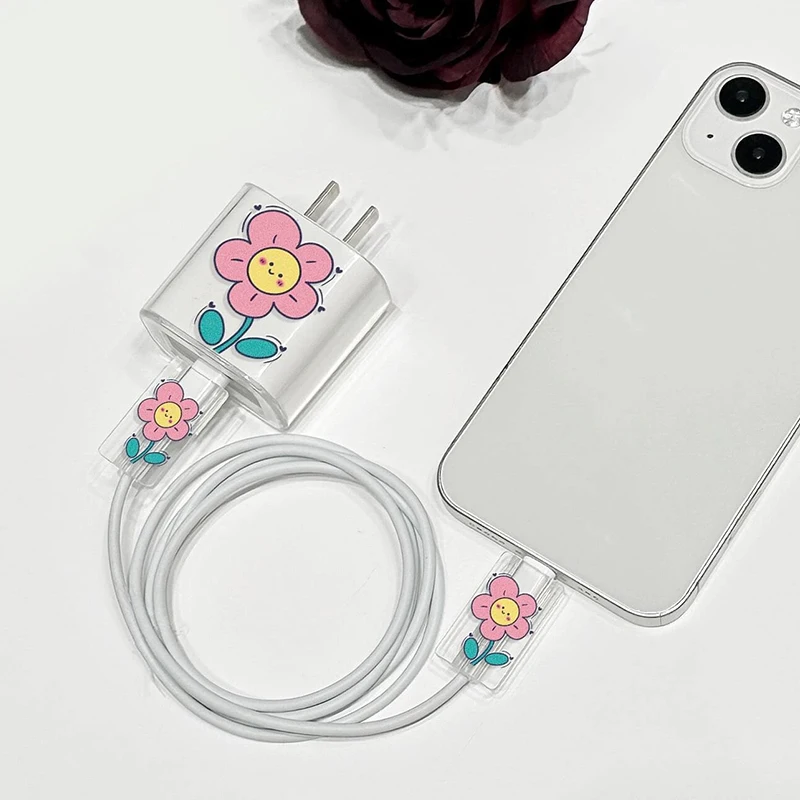 Flowers  Soft Silicone Charger Case for iPhone 15 14 13 Apple 18/20W Charger Head Protective Sleeve Cable Protection Cover