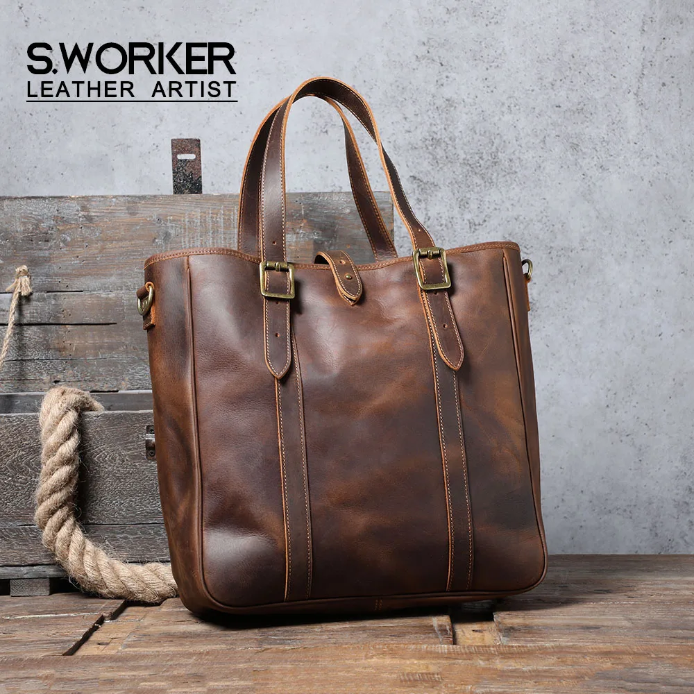 S.WORKER Vintage Echtleder Herren-Tragetasche Handgefertigte Aktentasche Schultertasche Damen Freizeittasche Crazy-Horse Rindsleder – Detail 2