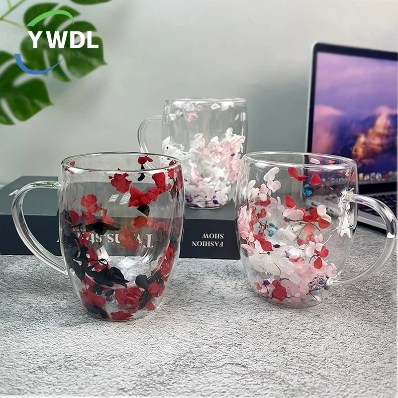 250/350Ml Dubbele Muur Koffiemok Met Handvatten Heldere Melk Bekers Geschenken Hoge Borosilicaat Glazen Beker Vulling Gesimuleerde Bloemen Theekopje