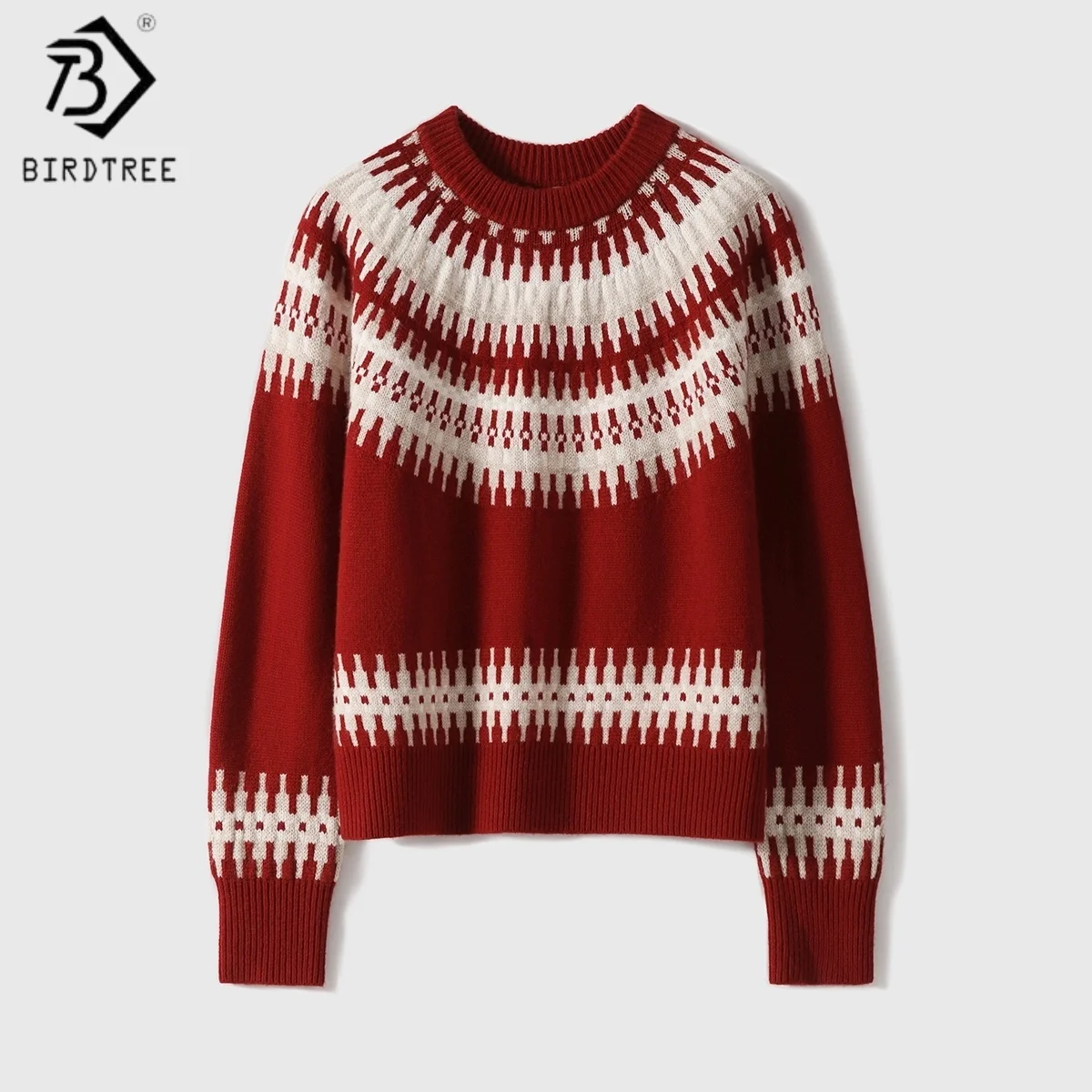 

Birdtree,90% Pure Wool 10% Cashmere Knitted Sweater,Women Jacquard O-neck Tops, Full Sleeve Shirt,2025 Winter Pullover T5D528JF