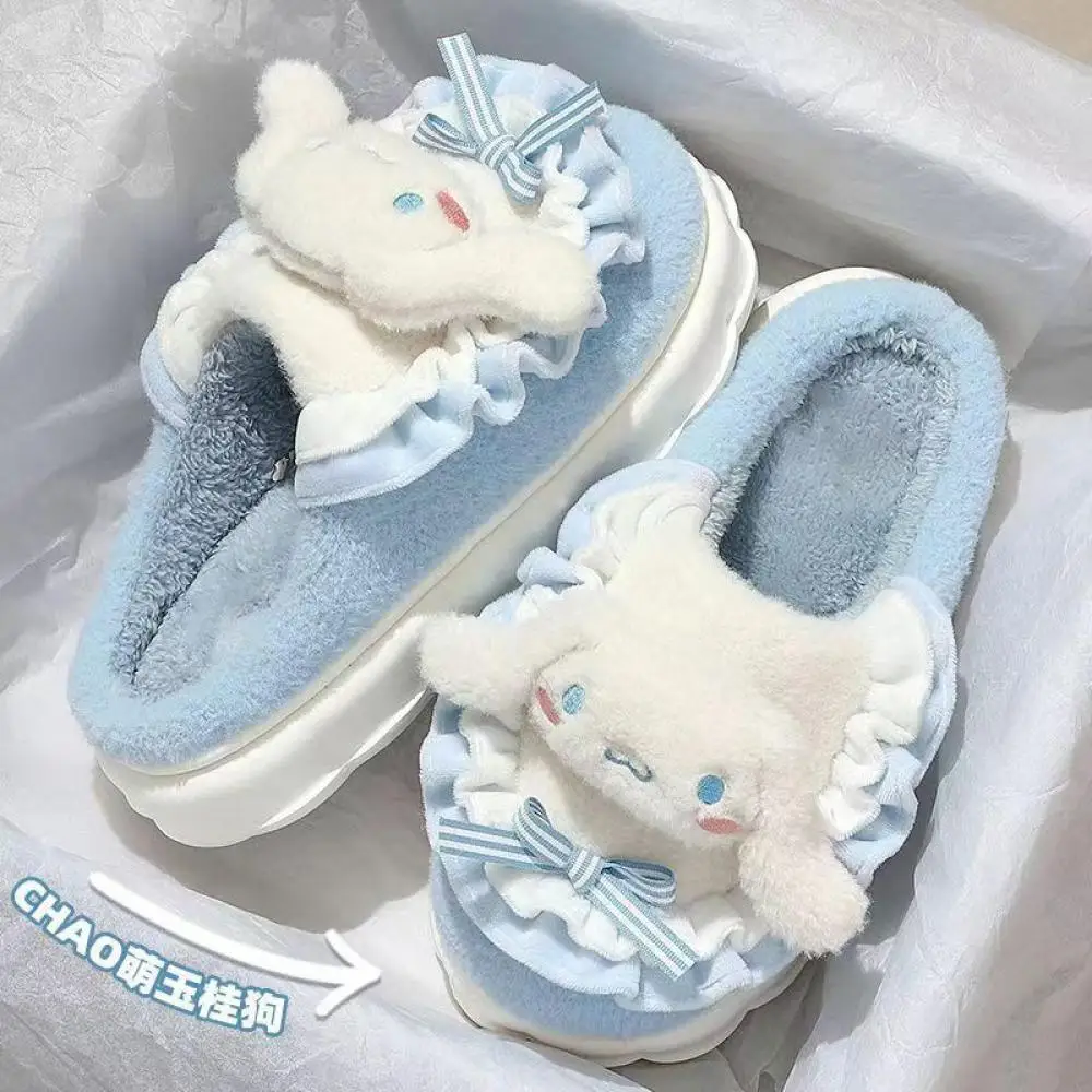 Sanrioed Anime Cinnamoroll Plush Slippers Cartoon Cute Kuromi Women Spring Indoor Home Shoes Warm Girls Student Cotton Shoes