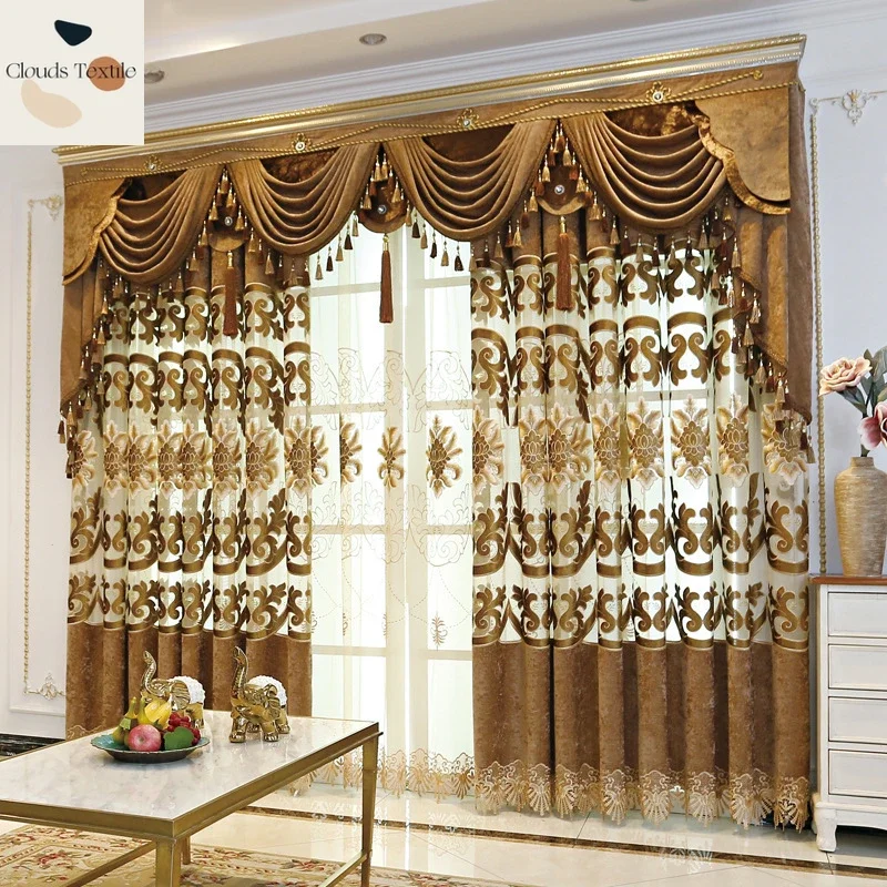 

European Luxury Embroidered Curtains for Living Dining Room Bedroom Chenille Water-soluble Large Hollow Embroidery Customize