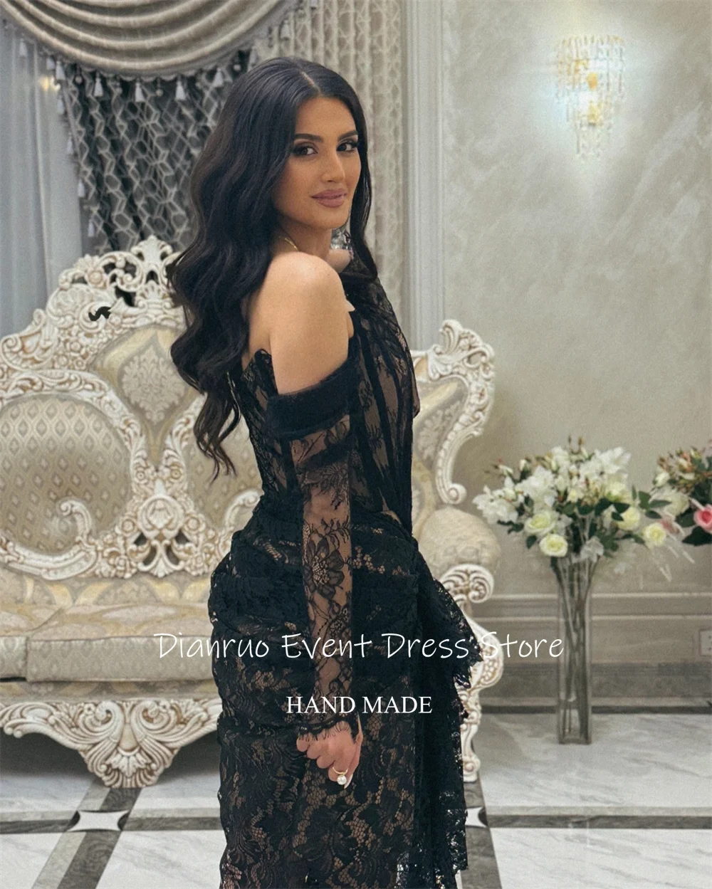 Dianruo Прозрачное черное вечернее платье с уникальными аппликациями и кружевом Vestidos De Novia с открытыми плечами, шикарное Abiti Da Cerimonia по индивидуальному заказу