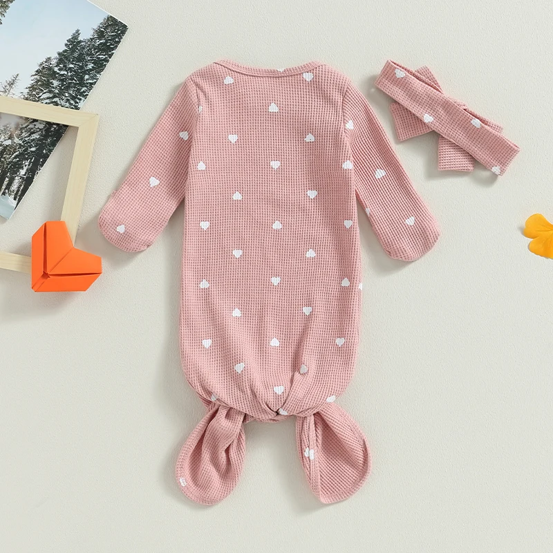 Blotona Infant Baby Boys Girls Sleeping Bags Heart Print Long Sleeve Knotted Swaddle Newborn Sleep Sack with Matching Headband