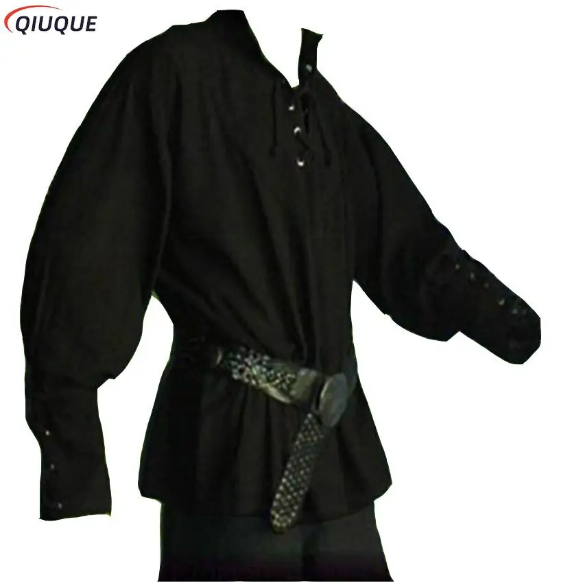 Men Medieval Vintage Pirate Cosplay Costume Lacing Up Shirt Bandage Top Middle Age Renaissance Clothing For Adult S-3XL