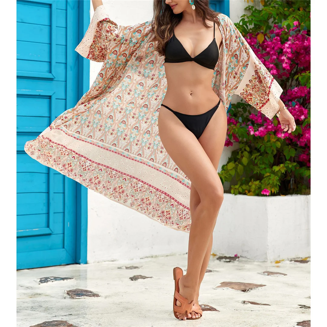 Bedrucktes, langärmeliges, gehäkeltes Strick-Cardigan-Tunika-Strandkleid, Strandmode, Strandbekleidung, Strand-Cover-up, Damen V7203 – Detail 15