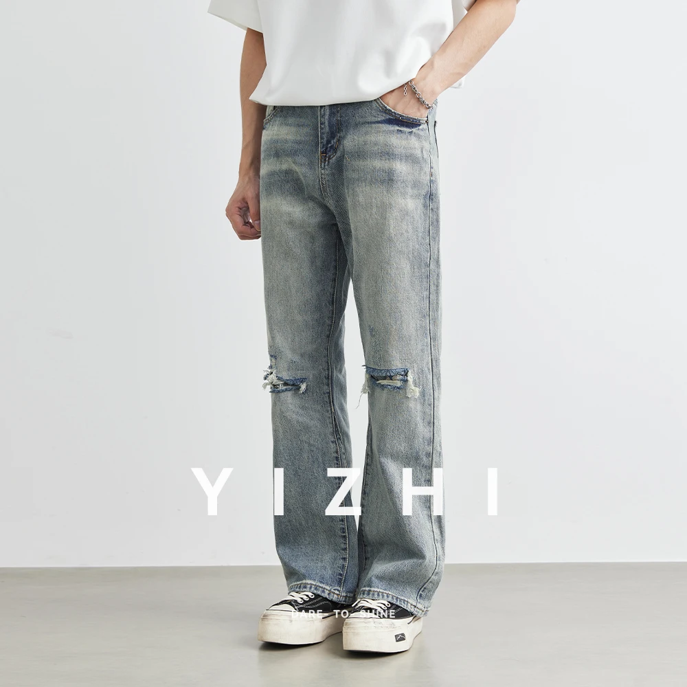 2025 Fashion Men's Broken Copper Washed Jeans Summer New Loose American Retro Straight Casual Denim Pants Men's Wear