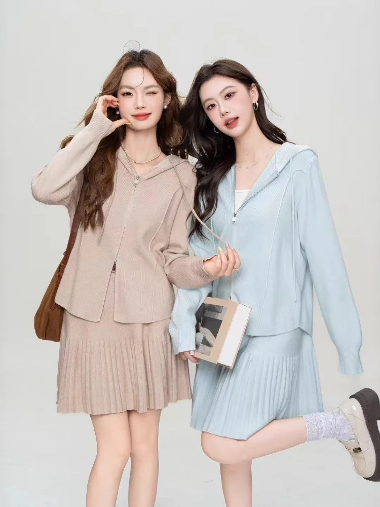 Set Rok Kardigan Berkerudung Ritsleting Kint Musim Gugur Musim Dingin Mantel Fashion Korea Elegan Set Dua Potong Pakaian Wanita Atasan Lengan Panjang