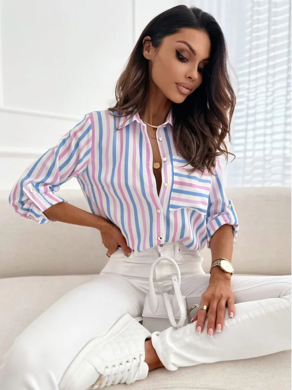 

Fashion Striped Shirt Women Long Sleeves Tops For Women 2023 Casual Printes Lady Slim Blouse Elegant Turn Down Collar Streetwear