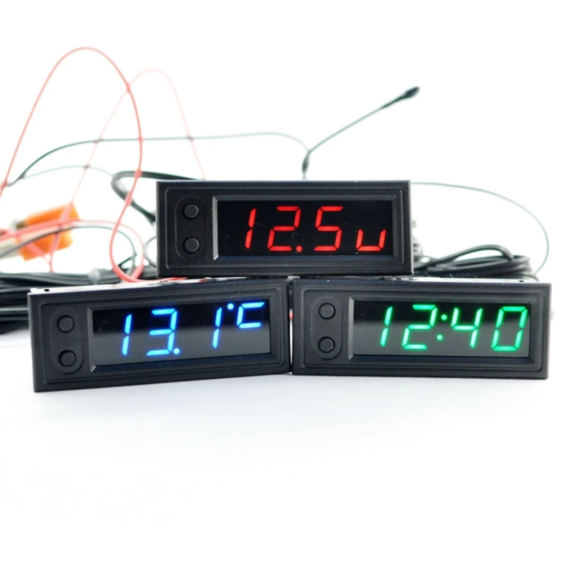 090E Portable LED Temperature Electric Clock Digital Voltmeter Gauge Clock with Light Car Decorative Accessories 12V 3 in 1