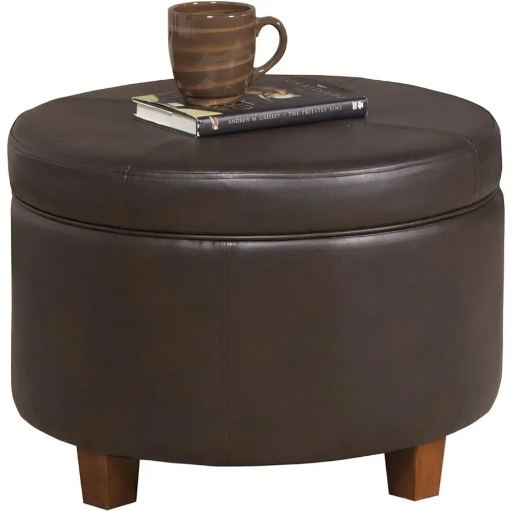 Round Leatherette Storage Ottoman with Lid, Chocolate Brown Large 17 inches high x 24 inches wide x 24 inches deep