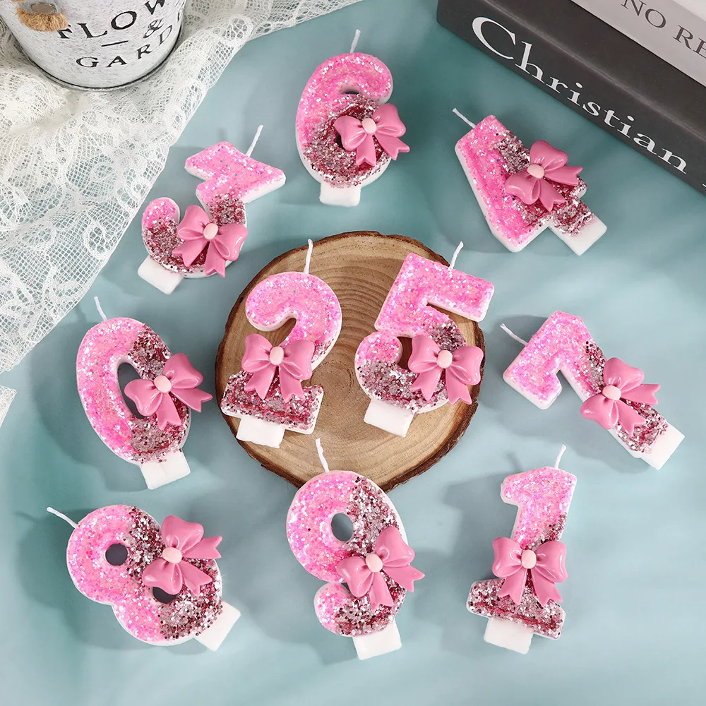 Digital Birthday Candle Bow Sequins Colour Matching Candle Anniversary Cake Decoration Candle