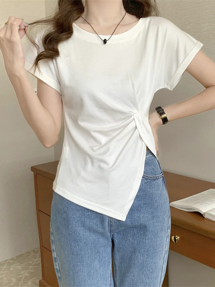 2023 Summer Irregular Pleated Split Round Neck Solid Short Sleeve Top Versatile Covering Meat and Slimming T-shirt for Women