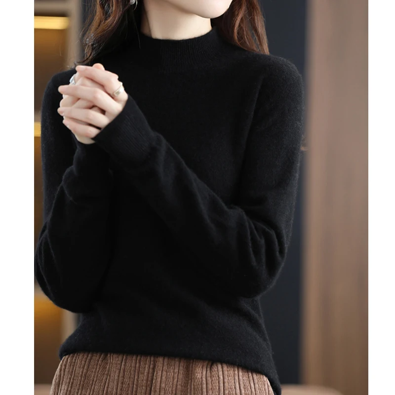 2024 Autumn/Winter New Half High Collar Woolen Sweater Women\'s Elegant Black Knitted Base Sweater Long Sleeve Hooded Sweater