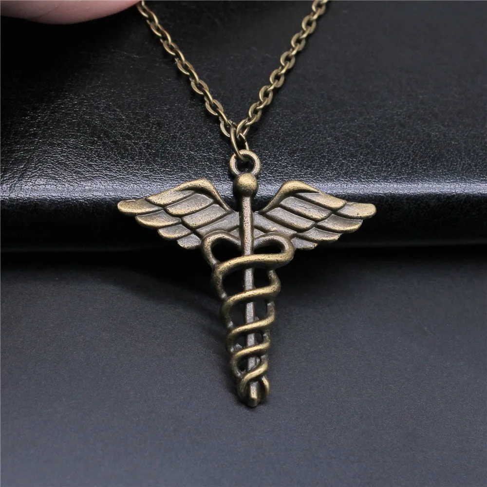 Fashion Simple Vintage Antique Bronze Color 40x40mm Caduceus Medical Symbol Pendant Necklace For Women