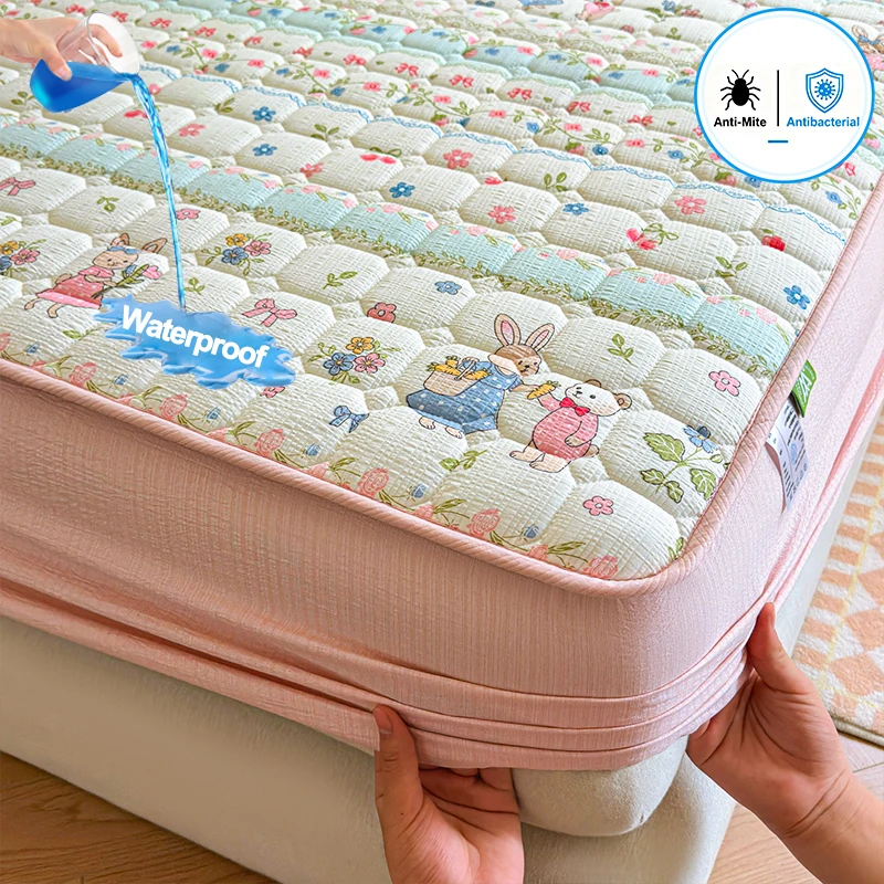 Protector de Colchón Impermeable de Tela Puff Crinkle, Cubre Colchón Ajustable Antibacteriano Transpirable Acolchado Antiácaros