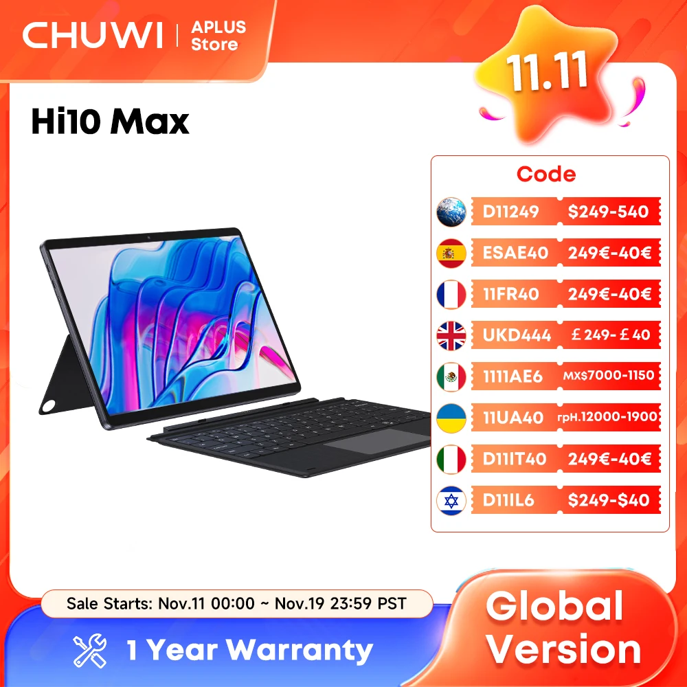 

Планшет CHUWI Hi10 Max Intel N100/N150 12,96 дюйма, сенсорный экран 3K, 512 ГБ SSD, 12 ГБ ОЗУ, планшеты, поддержка клавиатуры, стилус, окно 2 в 1