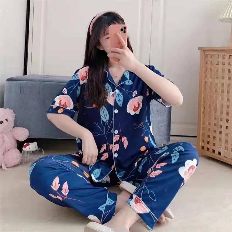 

Spring and summer milk silk pajamas women's short sleeved trousers home wear 2024 new large print casual lovely sweet suit