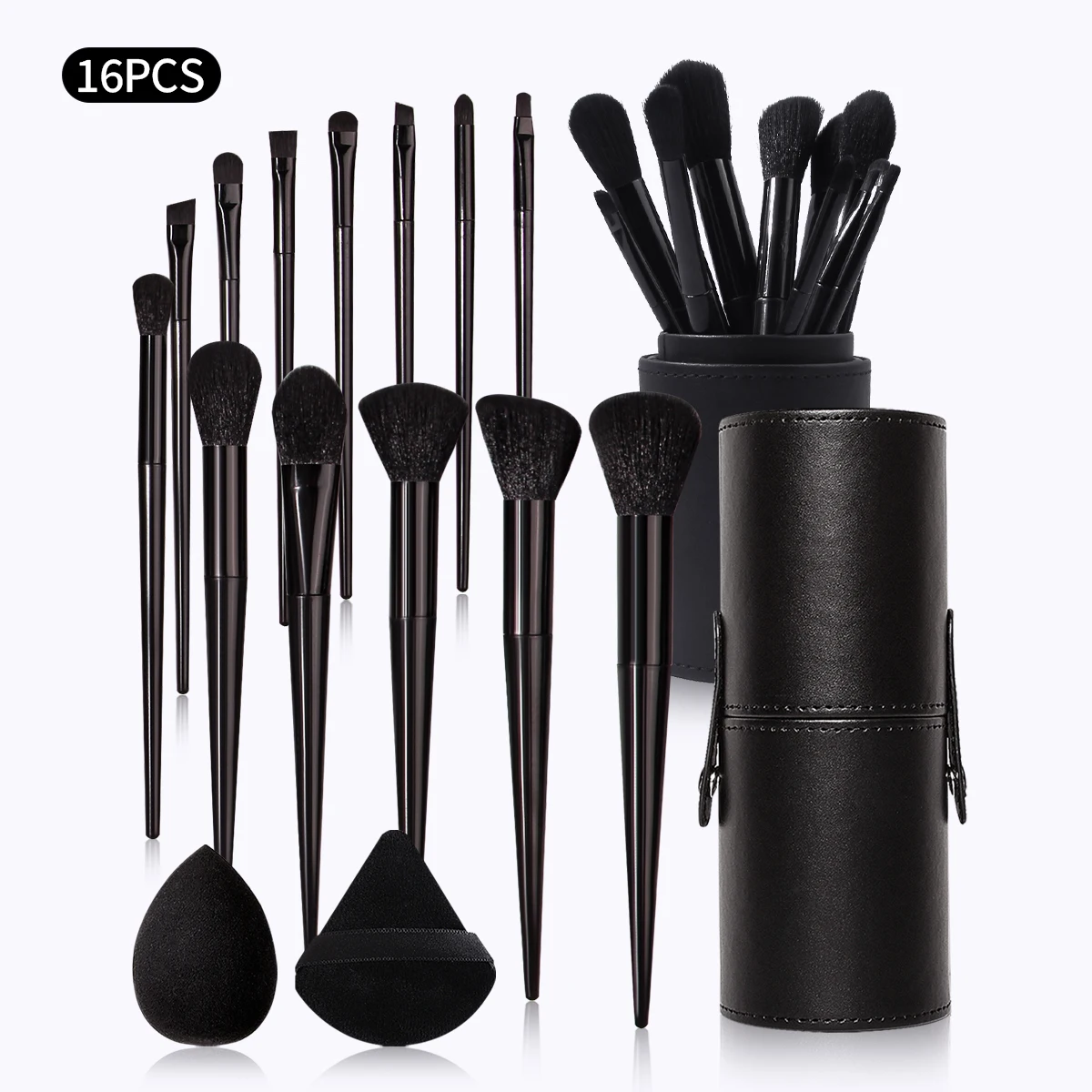 16-teiliges schwarzes Make-up-Pinsel-Set mit Aufbewahrungshalter und Puderquasten, weiche, flauschige Pinsel, hochwertige schwarze Synthetikpinsel für vollständige Gesichtsbedeckung