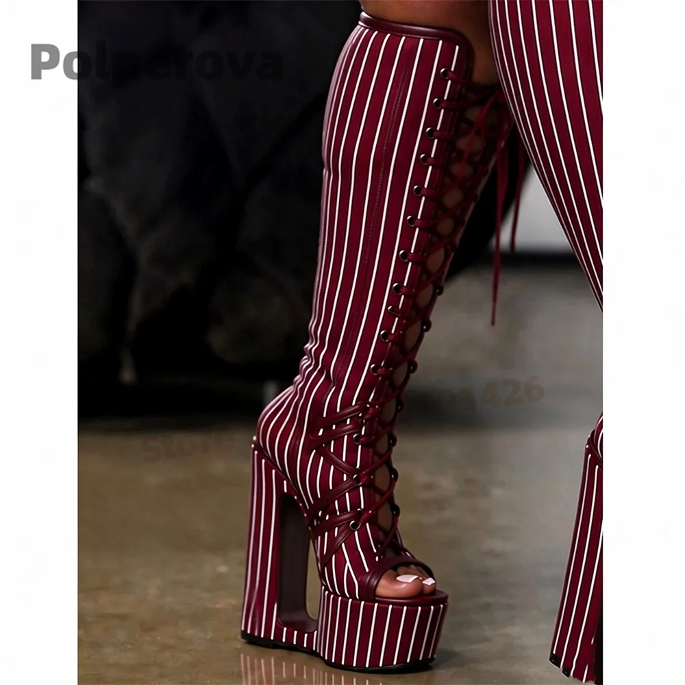 Striped Print Platform Knee High Boots for Women Peep Toe Front Cross Tied Strange Style Novelty High Heels Show Party Shoes