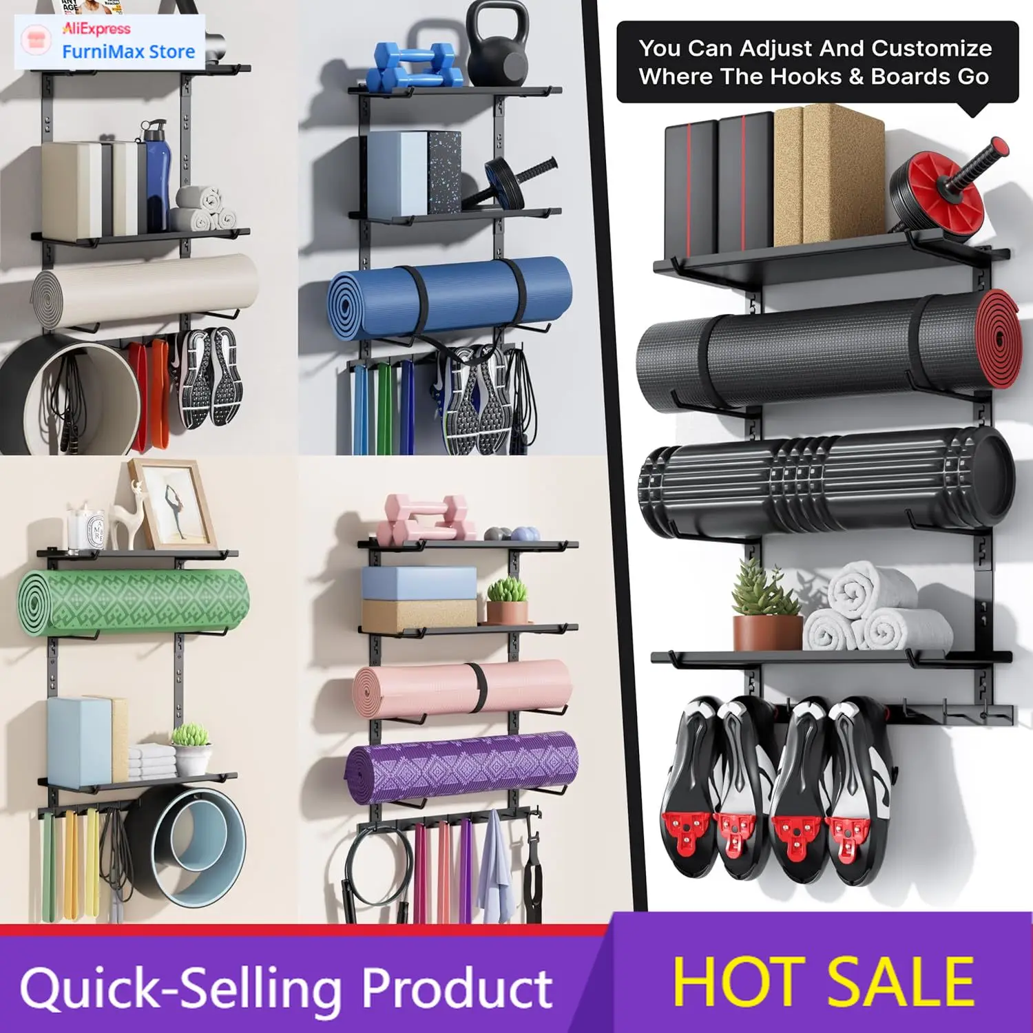 

Ограниченная по времени акция: Полка для хранения домашнего спортивного инвентаря, регулируемый настенный органайзер для тренажеров с 2 досками, держатель для ковриков для йоги.