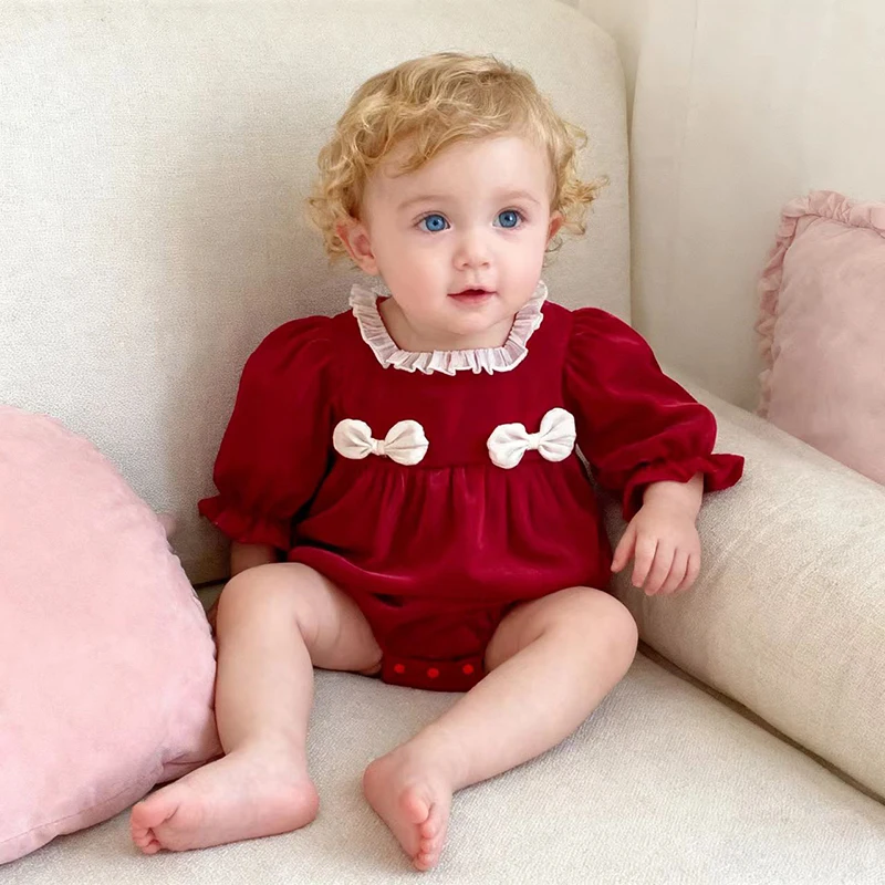 

Рождественские костюмы для новорожденных девочек, осенние комбинезоны для детей 0-3 лет, детские комбинезоны с квадратным вырезом и бантом, детская цельная одежда для малышей