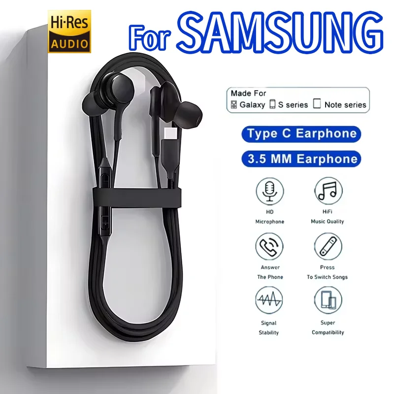 Original Type C Wired Headphones For Galaxy Earbuds Samsung S25 S24 S23 S22 S21 S20 Ultra 3.5mm AUX Note10 Earphone A54 A34 A53
